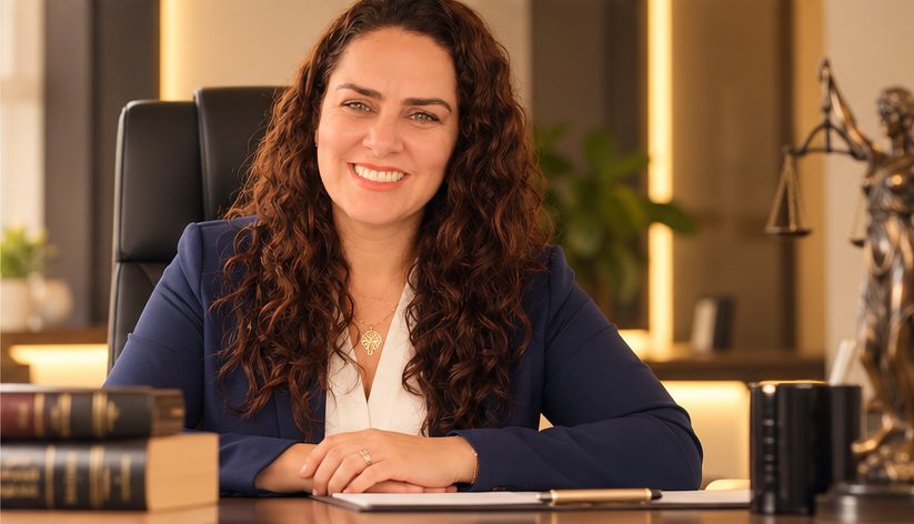 Káren Temponi à mesa do escritório, com livros jurídicos e uma estátua da Justiça ao fundo